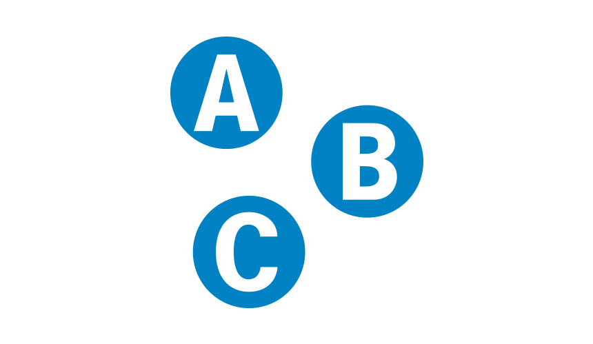 Buchsten A, B und C in blauen Kreisen